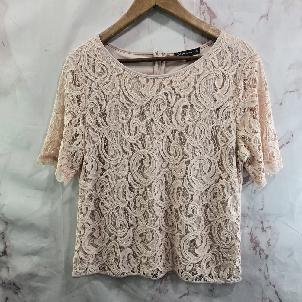Adrianna Papell Shirt Womens Large Light Pink Lace Blouse Layered Short Sleeve